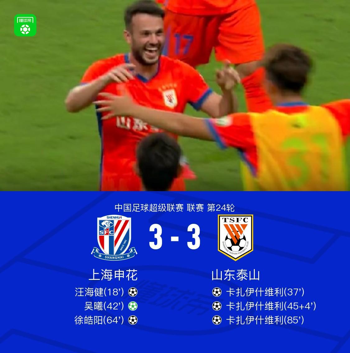 8868体育-申花3-3山东，卡扎帽子戏法，汪海健、吴曦、徐皓阳破门